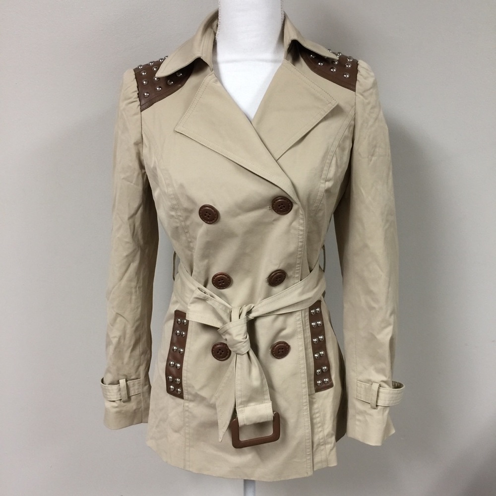 CACHE Studded Vegan Leather Buckle Belted Midi Trench Coat